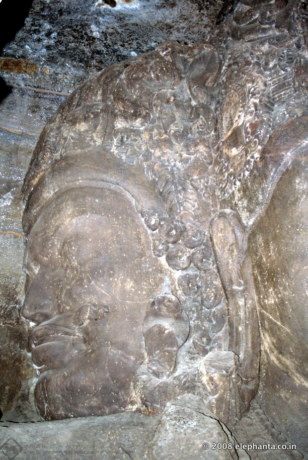 Aghora Bhairava face of Shiva in the Trimurti of Cave 1