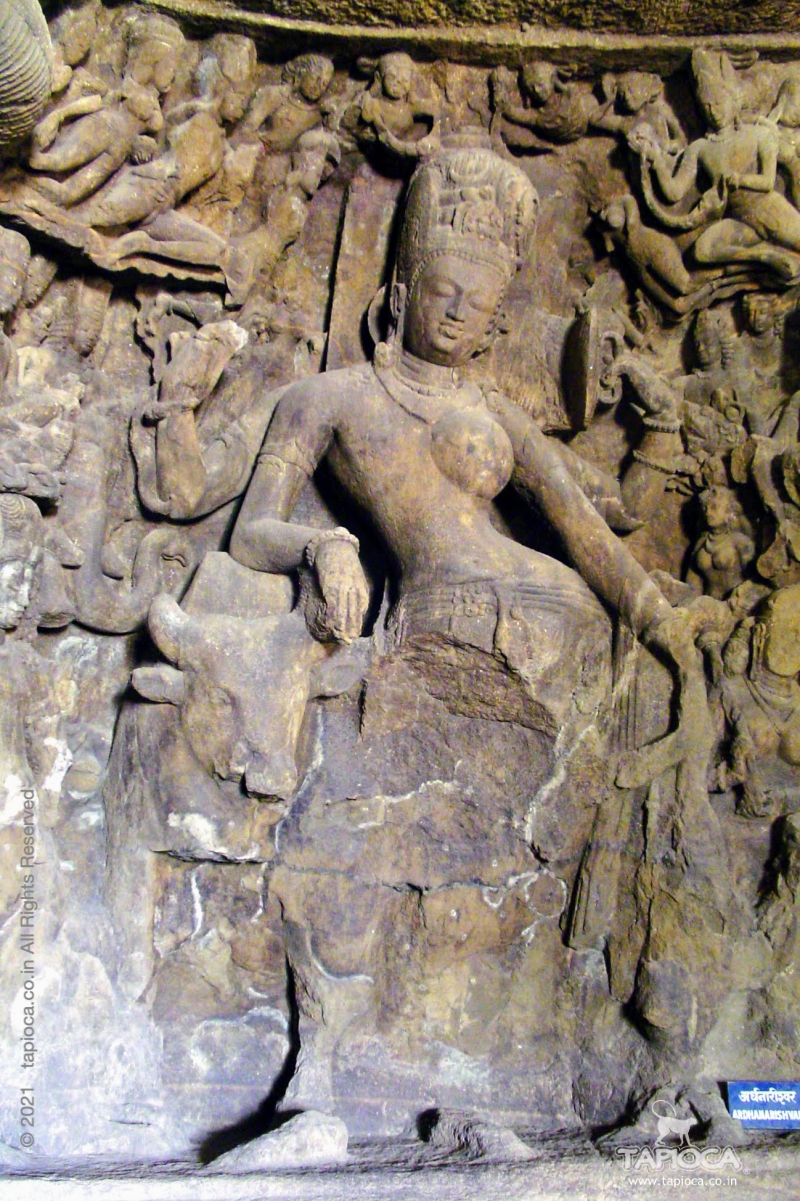 Ardhanarishvara, literally translates into the half female form of Shiva. For its artistic excellence , this image is arguably the second best image in Elephanta after the three headed Mahesh Murthy at Elephanta.