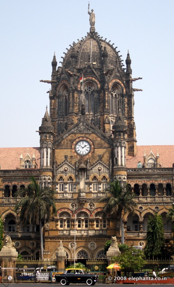 Chhatrapati Shivaji Terminus built in high Victorian Gothic style of architecture. Note the fusion of Victorian Italianate Gothic Revival architecture and traditional Indian architecture styles.