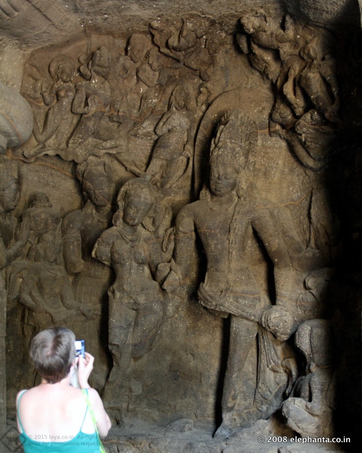 The panel in Elephanta Caves depicting the marriage of Shiva and Parvathi.