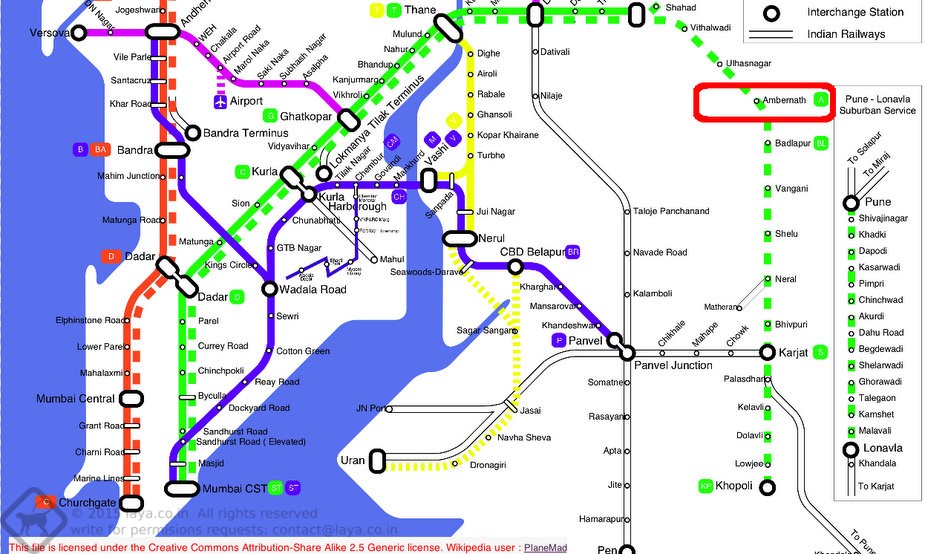 Mumbai Suburban Rail Map : The suburban train route is like this :
Chatrapati Shivaji Terminus (CST) – Masjid Bunder – Sandhurst Road – Byculla – Chinchpokli – Currey Road – Parel – Dadar – Matunga – Sion – Kurla – Vidyavihar – Ghatkopar – Vikhroli – Kanjurmarg – Bhandup – Nahur – Mulund – Thane – Kalwa – Mumbra – Diwa – Kopar – Dombivli – Thakurli – Kalyan – Vitthalwadi – Ulhasnagar – Ambernath – Badlapur – Vangani – Shelu – Neral – Bhivpuri Road – Karjat – Palasdari – Kelavli – Dolavli – Lowjee – Khopoli.
